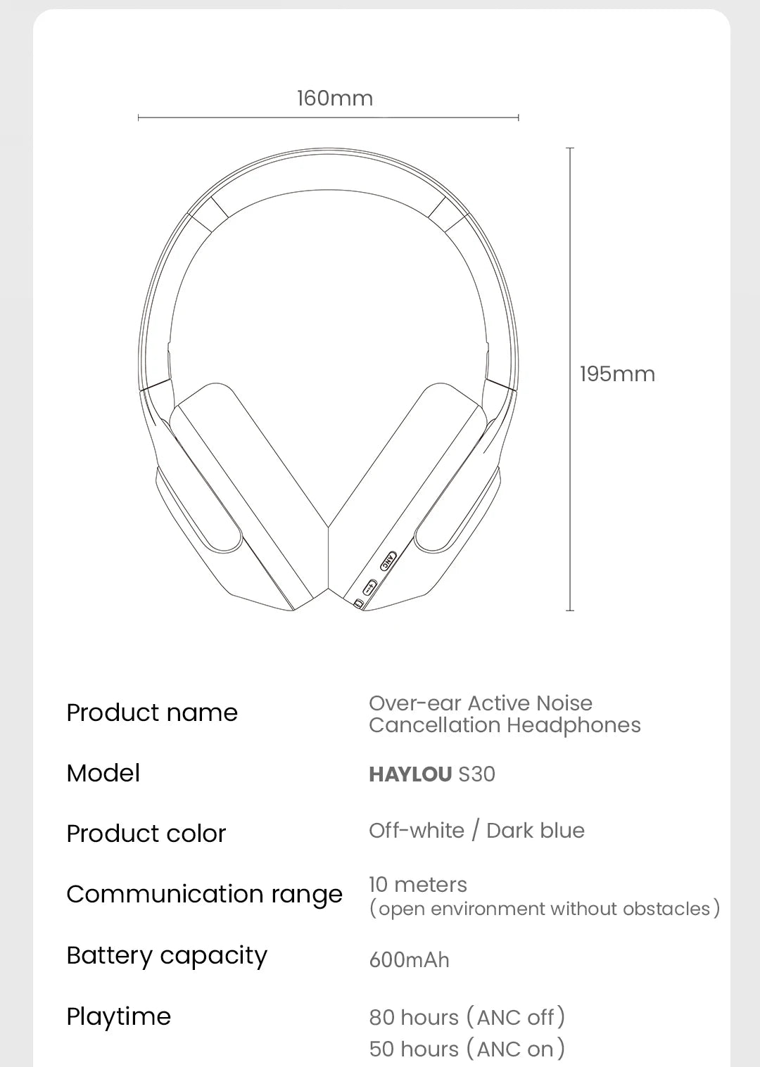 HAYLOU S30 ANC Headphones  Wireless Bluetooth 5.4 Hi-Res Headsets 43dB Adaptive Noise Cancelling Earphones 40mm Driver 80H