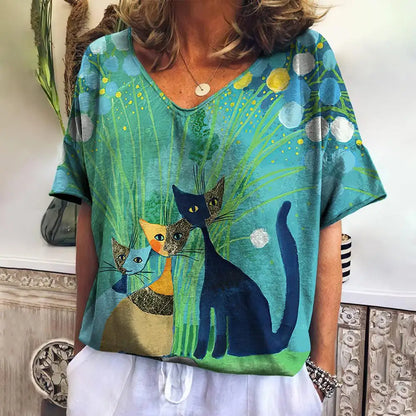 Women T Shirts Cartoon Cat Graphic Girls Clothing Large Size V Neck Short Sleeve Tee Summer Fashion Casual Female Clothing