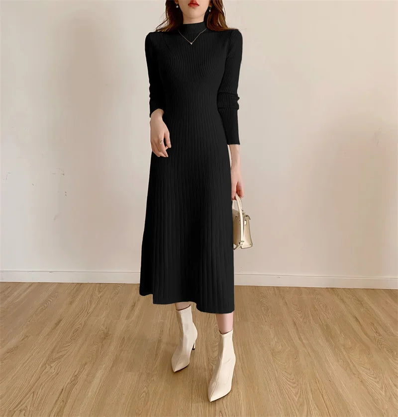 Slim Long Sleeve Party Midi Dress for Women Knitted Half High Collar Elegant Knitted Sweater Dresses Ladies