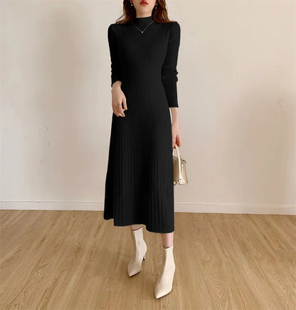 Slim Long Sleeve Party Midi Dress for Women Knitted Half High Collar Elegant Knitted Sweater Dresses Ladies