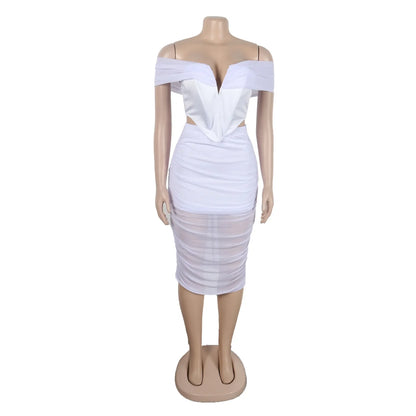 Slimming Mesh Splice Bum Covering Visibility Elastic Off-Shoulder 2-Piece Set European And American Style