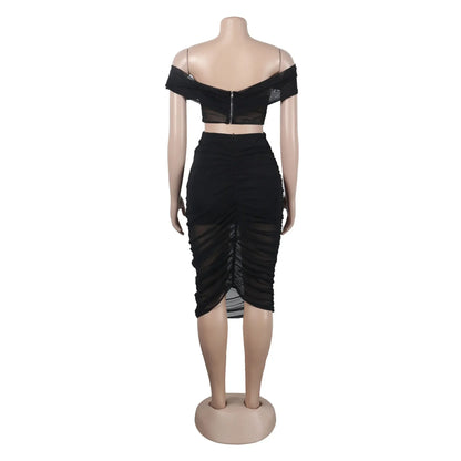 Slimming Mesh Splice Bum Covering Visibility Elastic Off-Shoulder 2-Piece Set European And American Style