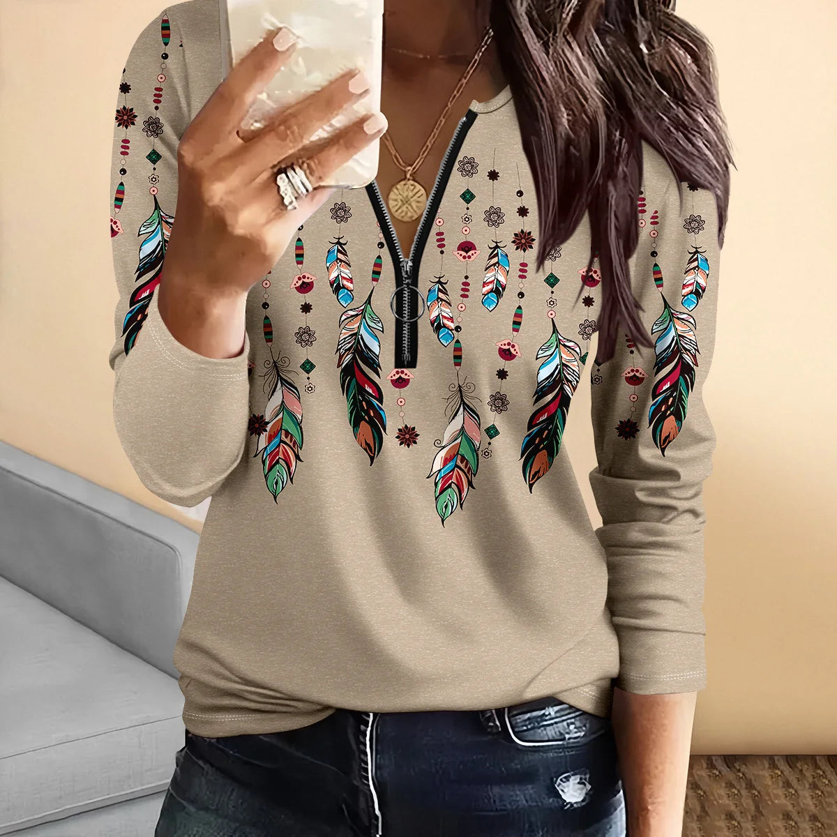 Summer new fashion 2025 women's casual long-sleeved printed T-shirt