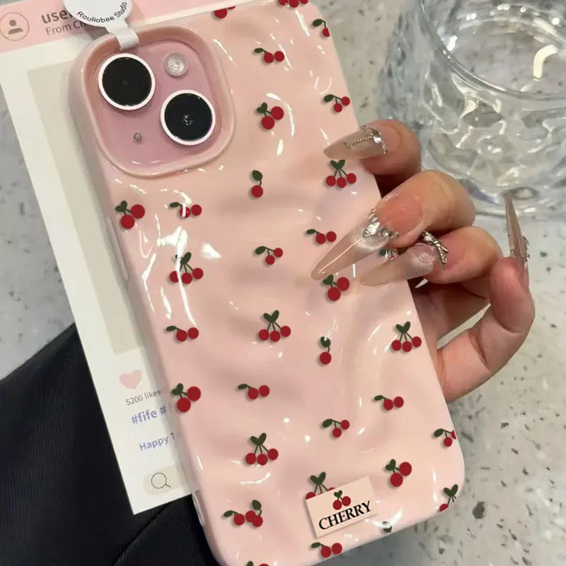 Cute Cherry Folds Texture Phone Case For iPhone 17 16 15 14 13 12 11 Pro Max 16 15 Plus Candy Color Shockproof Soft Back Cover