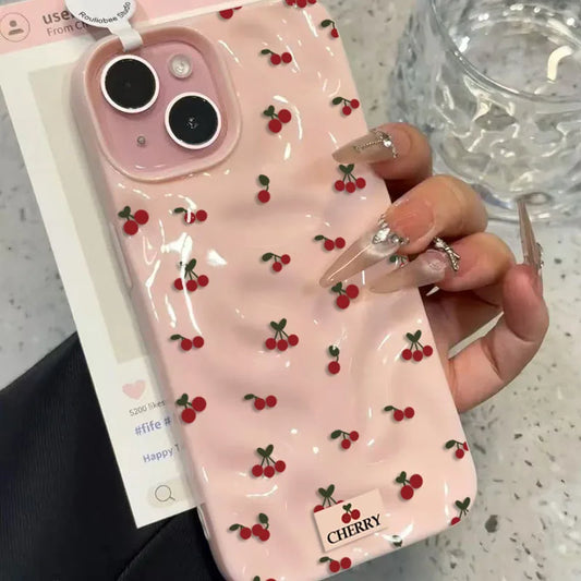 Cute Cherry Folds Texture Phone Case For iPhone 17 16 15 14 13 12 11 Pro Max 16 15 Plus Candy Color Shockproof Soft Back Cover