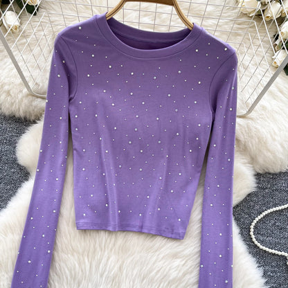 Long Sleeves Hotsweet O-neck Fashion Rhinestone Slim Top French Streetwear Sexy High Street Autumn Winter Women T-Shirts