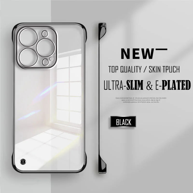 Plated Clear Slim Frameless Phone Case For iPhone 17 Air 16 15 14 Pro Max 16e 16Pro 16 Plus Plating Transparent Back Cover