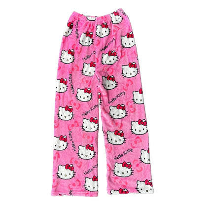 Sanrio Hello Kitty Anime Y2k Kawaii Flannel Pajamas Women'S Warm Woolen Cartoon Casual Home Pants Autumn Winter Fashion Trousers