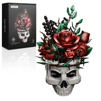 SupreOwls Skull Flowers Building Blocks Set Gothic Roses Bouquet Toy Skeleton Planter Pot Floral Decor Halloween Gifts for Adult
