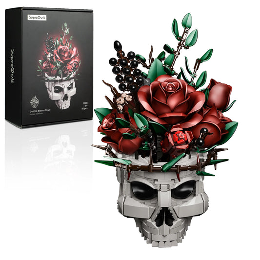 SupreOwls Skull Flowers Building Blocks Set Gothic Roses Bouquet Toy Skeleton Planter Pot Floral Decor Halloween Gifts for Adult