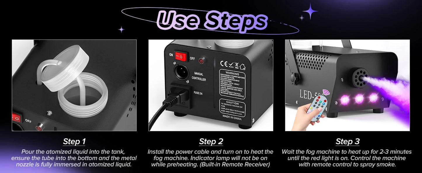 Fieryzeal 500W Smoke Machine Wireless Control Fog Machine RGB LED Stage Lighting Effect Professional Stage Fogger for Halloween