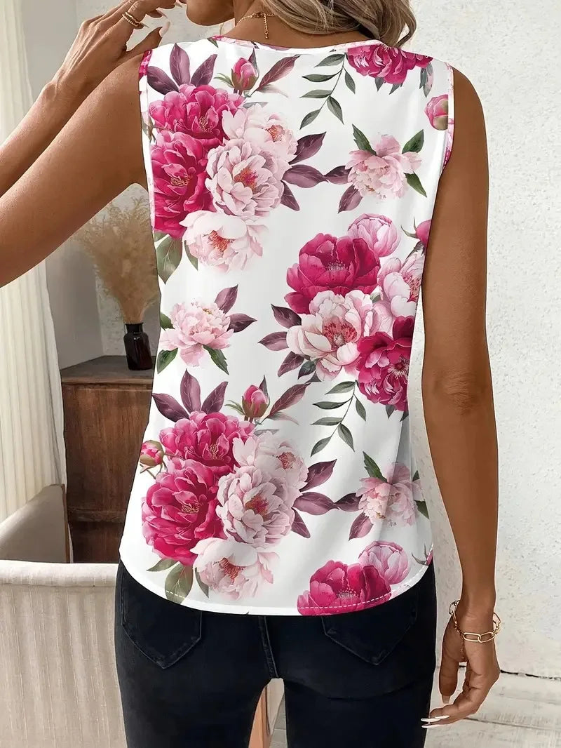 V-neck Vest New Fashion Plant Printed Sleeveless Top Pullover Simple Basic T-shirt