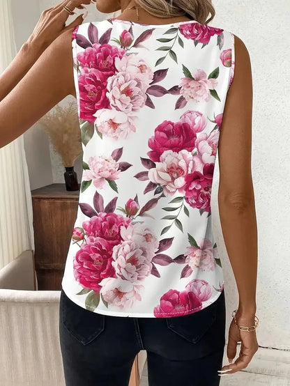 V-neck Vest New Fashion Plant Printed Sleeveless Top Pullover Simple Basic T-shirt