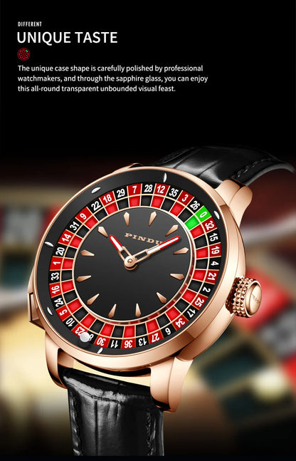 PINDU Player Series Mechanical Watches for Men European Roulette Game Dial Automatic Movement Funny Design Party  Watch
