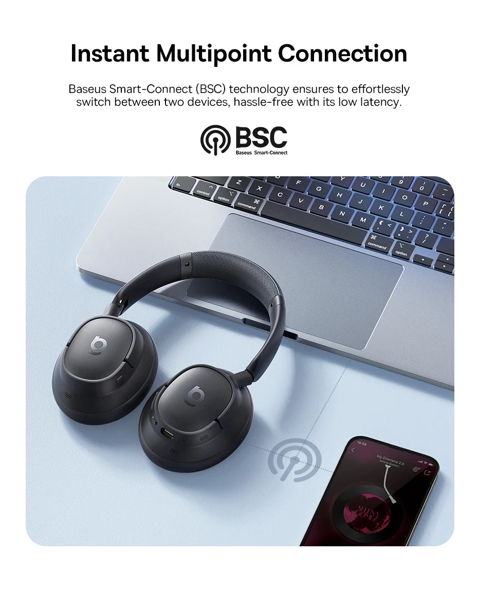 Baseus Bowie H1s Wireless Headphones Bluetooth 5.4 Noise Canceling 46dB Over Ear Headset Hi-Res Spatial Audio Earphone 120H Time