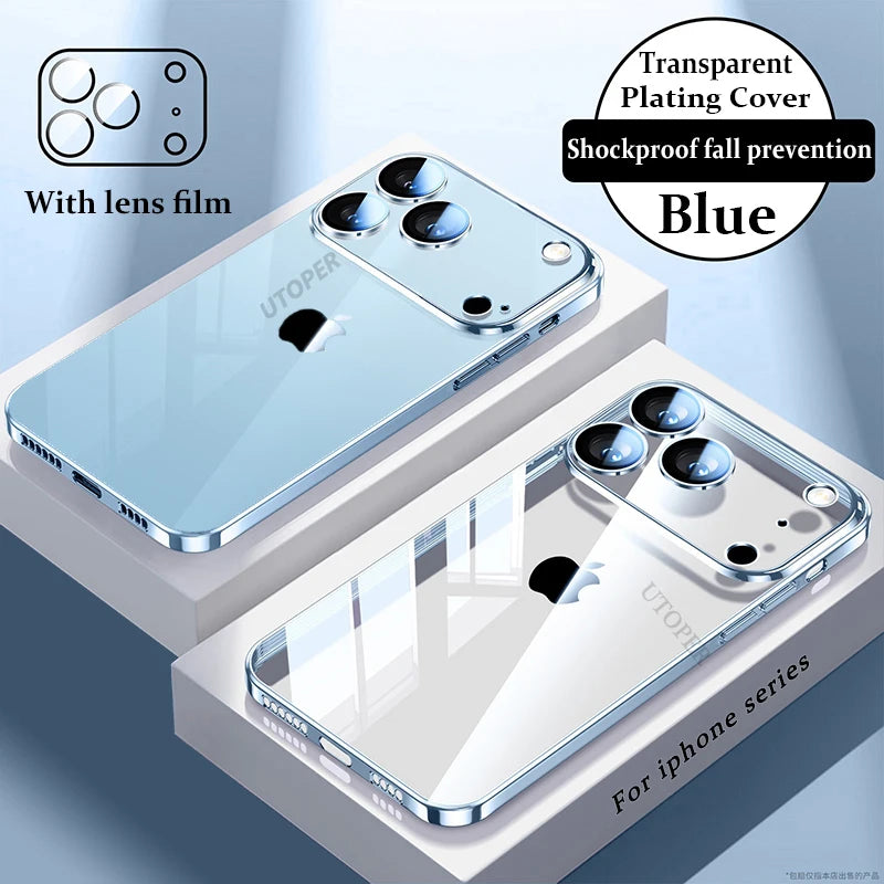 Plating Transparent with Lens Film Case for iPhone 17 Air 17 16 15 14 13 12 11 Pro Max Plus Anti-fall Damping Cover