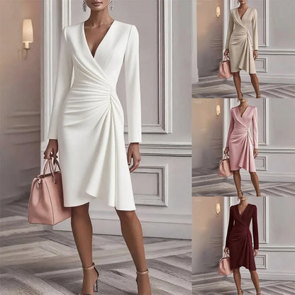 Sexy V-neck Long Sleeve Pleated Dress Elegant Temperament Slim Banquet Dress Autumn New High Waist Commute Midi Dress for Women