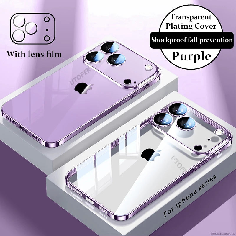 Plating Transparent with Lens Film Case for iPhone 17 Air 17 16 15 14 13 12 11 Pro Max Plus Anti-fall Damping Cover