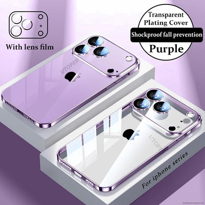 Plating Transparent with Lens Film Case for iPhone 17 Air 17 16 15 14 13 12 11 Pro Max Plus Anti-fall Damping Cover