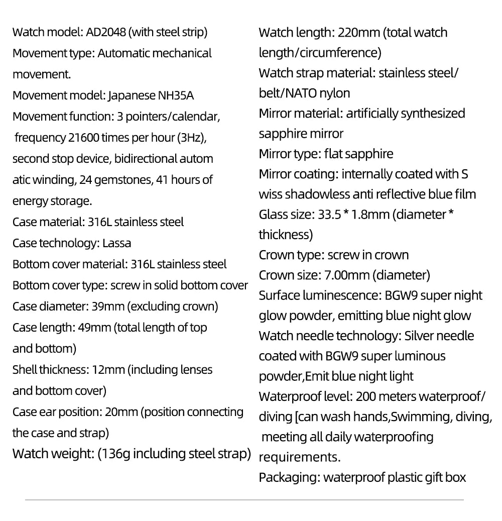 ADDIESDIVE Luxurious Men's Automatic Watch NH35A Mechanical Watch Sapphire Glass 200m Waterproof Analog Luminous Watches AD2048