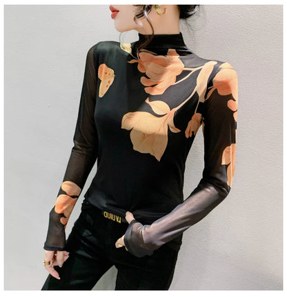 High Neck Long Sleeved Mesh Positioning Printed T-shirt Women Autumn Stretch Slim T Shirts Tops Female Base Tees HF8779