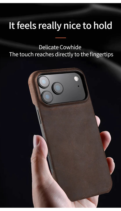 Case for iPhone 15 16 17 Pro Max 17Pro 17 Air 16Pro Retro Luxury Genuine PULL-UP Leather Magnetic Phone Back Cover