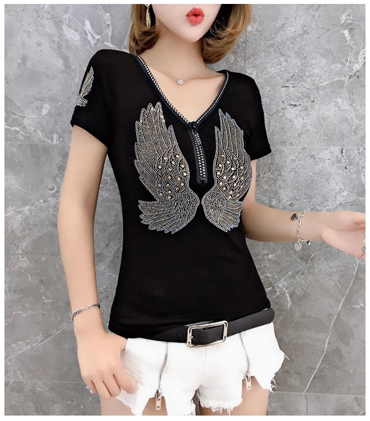 T-shirt For Summer Short Sleeve Pulovers Clothes Casual Aesthetic Cotton Tops Sexy V Neck Zipper Diamonds Tees