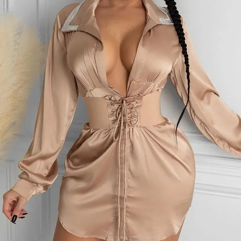 High Waist Bandage Mini Dress Spring Summer New Dress Shirt Women's Sexy Long Sleeve Turn-down Collar Dress