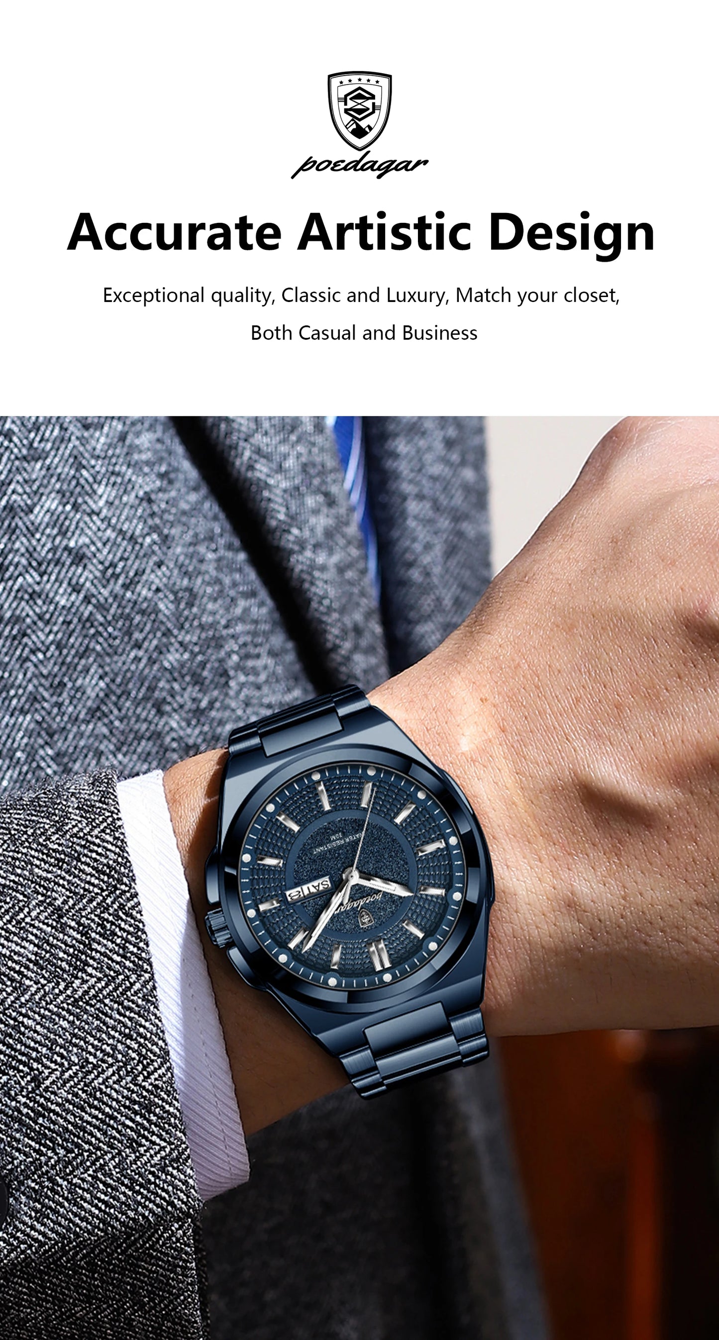 POEDAGAR Sport Original Men Clock Quartz Date Week Luxury Man Wristwatch Waterproof Luminous Stainless Steel Men's Watches Reloj