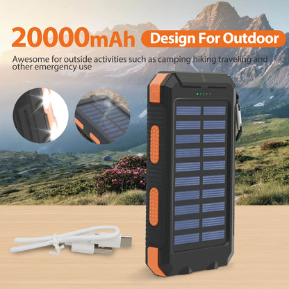 20000mAh Solar Power Bank Portable Solar Charger Waterproof Dual 5V USB Ports 2 LED Light Flashlight For Cell IPhone Outdoor