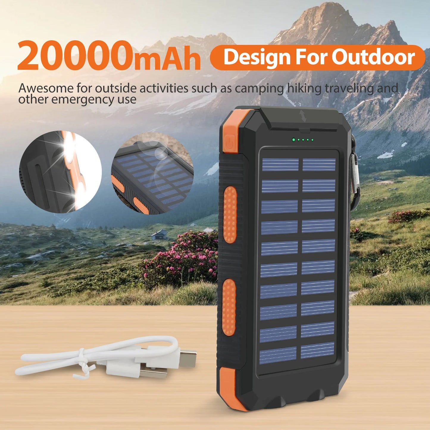 30000mAh Solar Power Bank Portable Charging Poverbank Dual 5V USB Ports 2 LED Light Flashlight for Iphone Outdoor Camping Hik