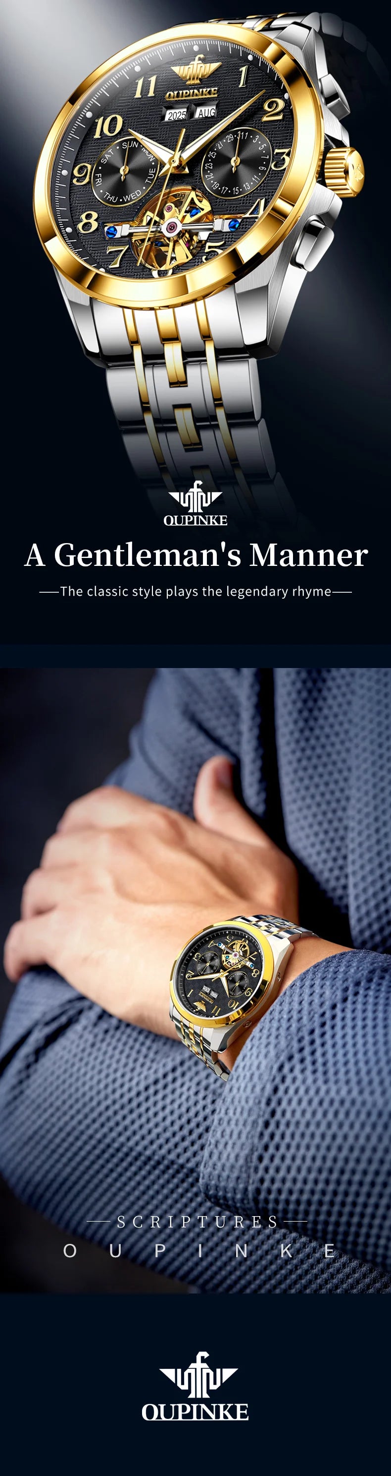 OUPINKE 3263 Automatic Mechanical Watch Multifunctional Dial Auto Date Waterproof Night light Watch Original Brand