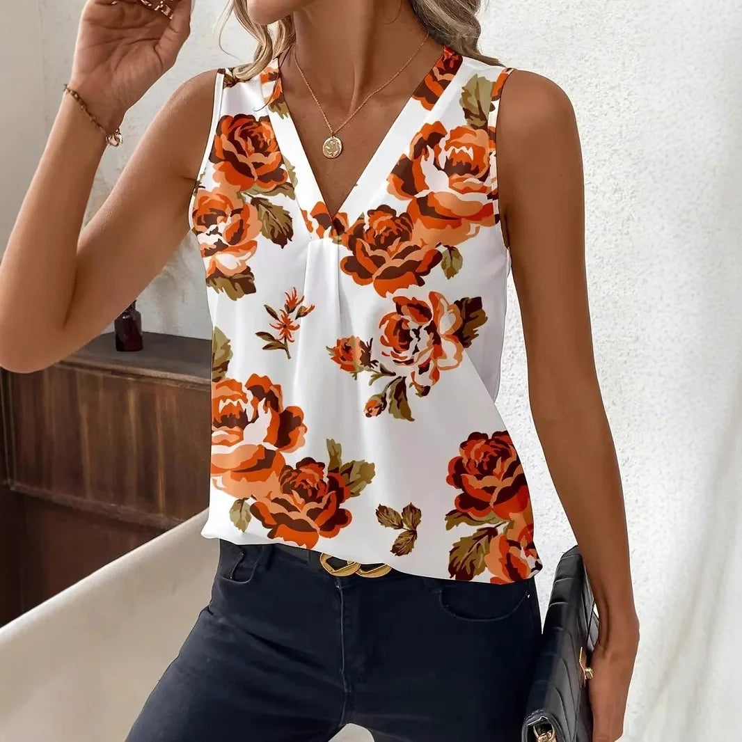 V-neck Vest New Fashion Plant Printed Sleeveless Top Pullover Simple Basic T-shirt