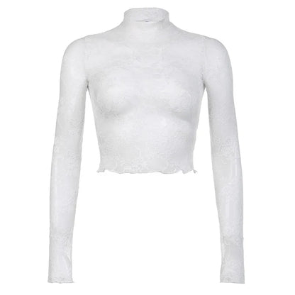 Lace Blouse Shirts Summer Women Turtleneck Long Sleeve See Through Lace Patchwork Thin Tops