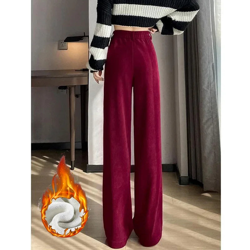Winter Lady Snow Warm Pants Girls Classic Fleece High Waist Trousers Women Straight Leg Plush Thermal Casual Pants