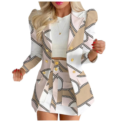 Long Sleeve Two Breasted Skirt Set Solid Color Jacket And Floral Skirt Two Piece Outfit Business Casual Elegant Sets