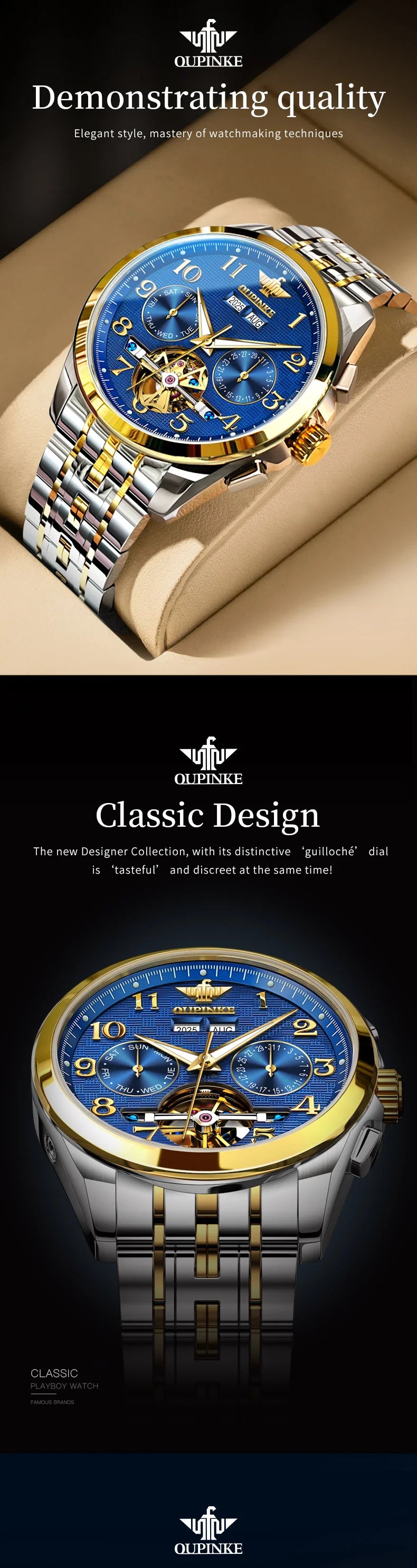 OUPINKE 3263 Mens Watch Luxury Flywheel Automatic Mechanical Watch﻿ 50M Waterproof Luminous Tungsten Steel Brand Watches New