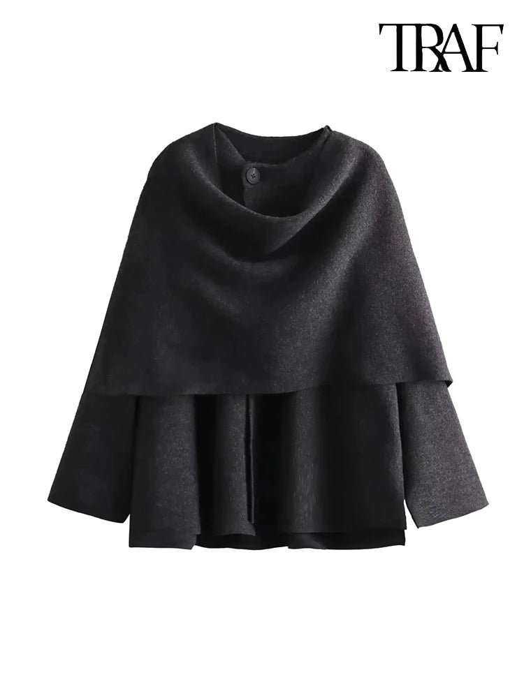 TRAF Women's Fashion Fall and Winter Comfortable Casual Commuter Coat Knitted Loose Warm Coat Asymmetric Elegant Split Jacket