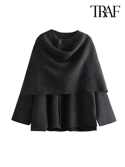 TRAF Women's Fashion Fall and Winter Comfortable Casual Commuter Coat Knitted Loose Warm Coat Asymmetric Elegant Split Jacket