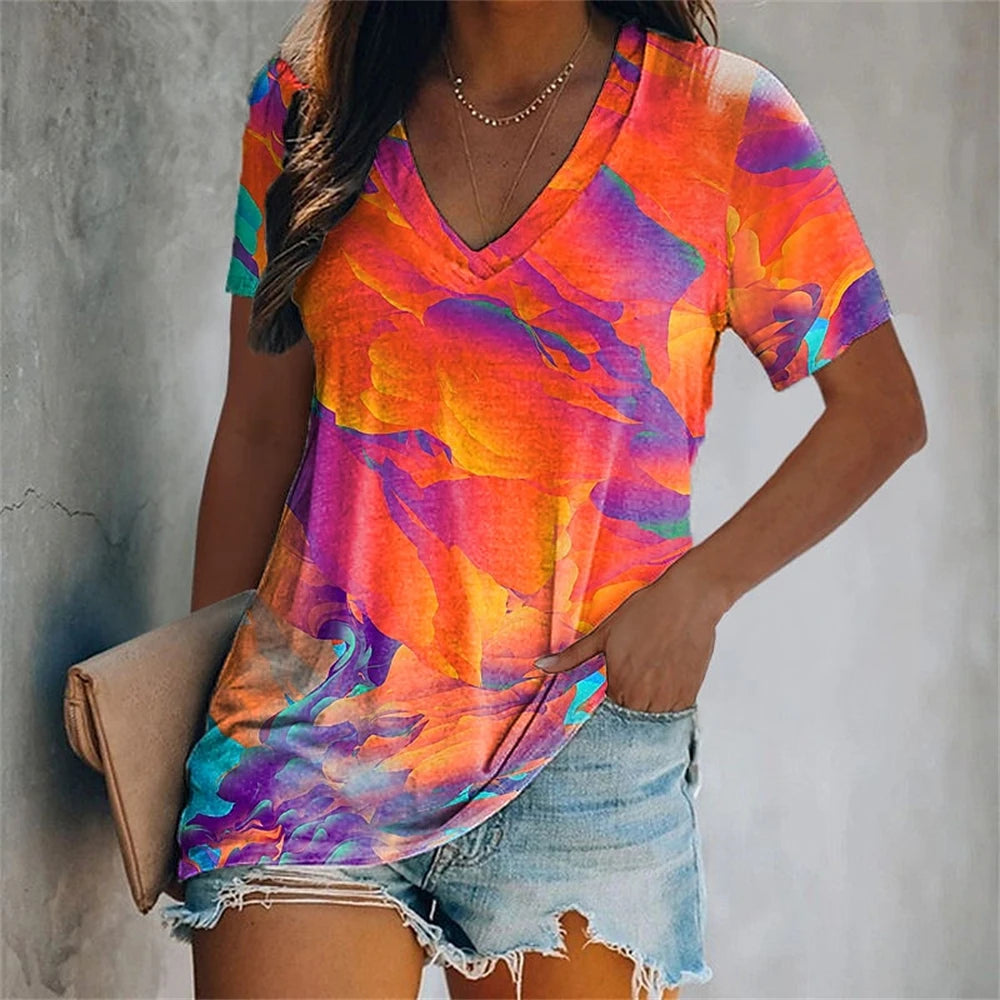 Colorful Tassels Print T-Shirt Fashion Women's Short Sleeve V-Neck T-Shirt Summer Casual Elegant Women's Large Size T-Shirt