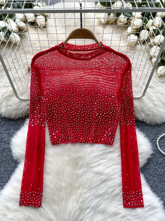 Thin See-tough Long Sve Me T-shirt ort Heavy-du Rhinestone Base irt Korean Sle Creative Pattern