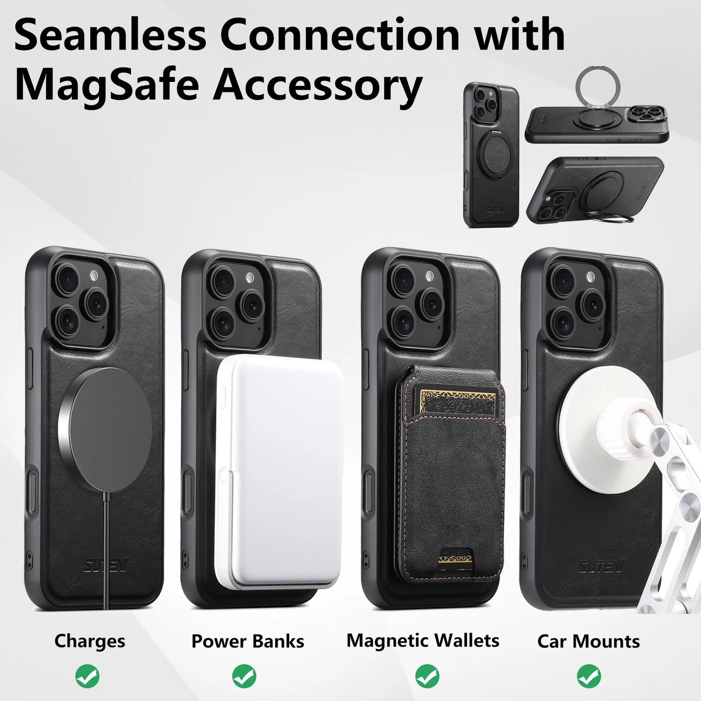 Strong Magnetic Compatible MagSafe Wireless Charging 360° Rotating Ring Stand PU Leather Phone Case For iPhone 17 16 15 14 13 12
