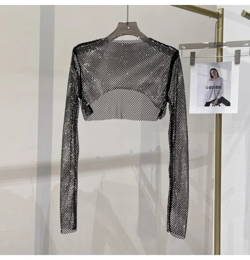 Bright diamond short top Slim thin Ms. hot drill long-sleeved T-shirt sexy leak waist nightclub