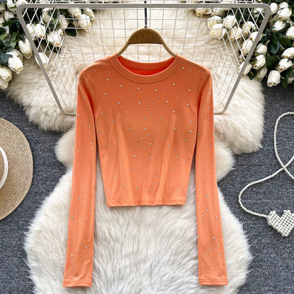 Long Sleeves Hotsweet O-neck Fashion Rhinestone Slim Top French Streetwear Sexy High Street Autumn Winter Women T-Shirts