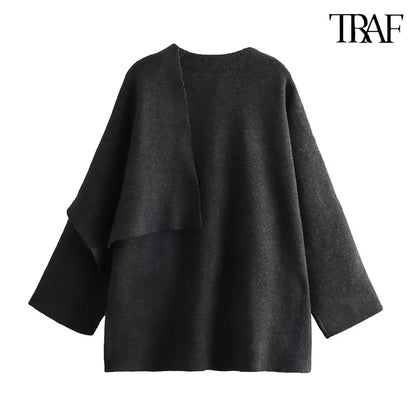 TRAF Women's Fashion Fall and Winter Comfortable Casual Commuter Coat Knitted Loose Warm Coat Asymmetric Elegant Split Jacket