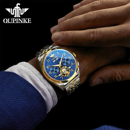 OUPINKE 3263 Mens Watch Luxury Flywheel Automatic Mechanical Watch﻿ 50M Waterproof Luminous Tungsten Steel Brand Watches New