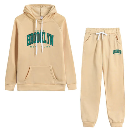 Women's Autumn Winter Casual Sports Jogging Suits Green Brooklyn Printed Hoodies and Sweatpants Girls Urban Fashion Warm Outfits