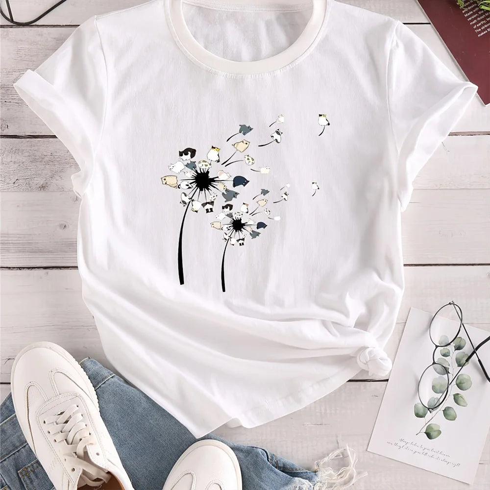 T-shirt Summer Fashion Short sleeved Top Flower Print Loose Clothing Women's Party T-shirt