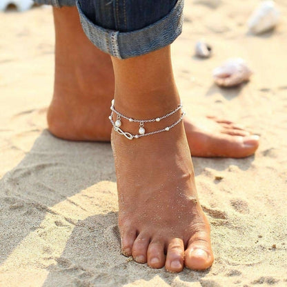 Infinity Pendent Pearl Anklet Tornozeleira de camada dupla