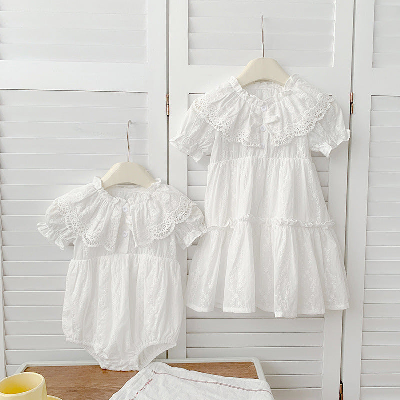 Summer Baby Girls French-style Floral Embroidery Pattern Short-sleeved Plain Onesie or Princess Dress-0